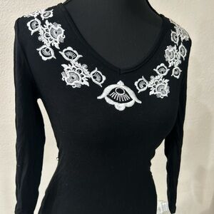 bebe Black Top with White Embroidery